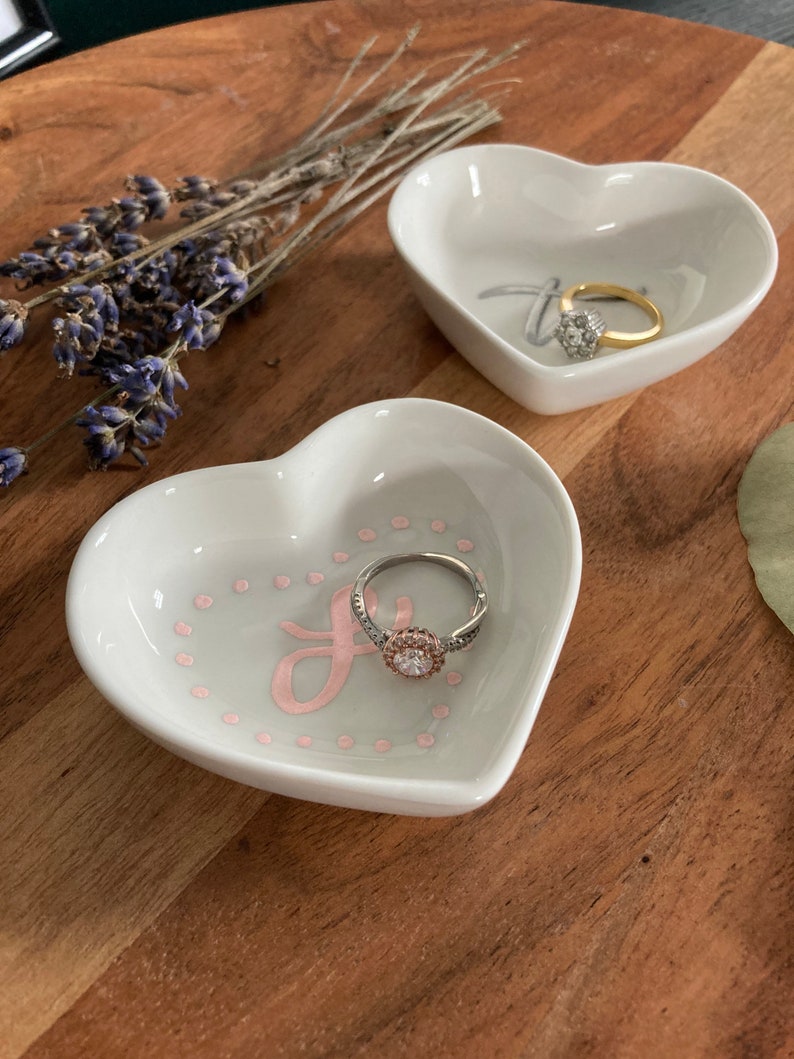 Engagement Gift Custom Ring Dish Calligraphy Ring Dish 3\u201d Personalized Custom Hand Lettered Ceramic Heart shaped Mini Ring Dish