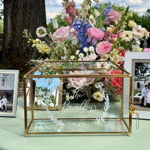 12x8” Large Rectangle Vintage Gold Wedding Glass Card Box w/Hand Painted Wedding Floral Monogram|Gold Glass Card Box w/Lock|Wedding Card Box