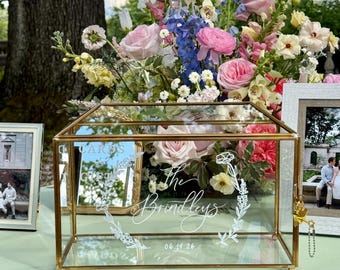 12x8” Large Rectangle Vintage Gold Wedding Glass Card Box w/Hand Painted Wedding Floral Monogram|Gold Glass Card Box w/Lock|Wedding Card Box