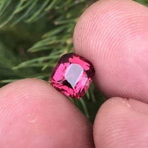 May include: A faceted, cushion-cut gemstone in a vibrant shade of pink. The gem is held between two fingers, showcasing its clarity and brilliance. The background features green foliage, providing a natural contrast to the gem's colour.