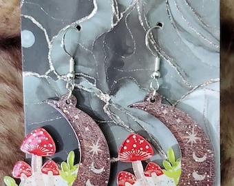 Crescent Moon Mushroom Earrings