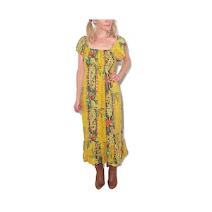 Paisley Peasant Cap-Sleeve Gown, Yellow and Black with Florals, Elasticized Empire Waist and Loose Ruffles at Trumpet Mermaid Hem