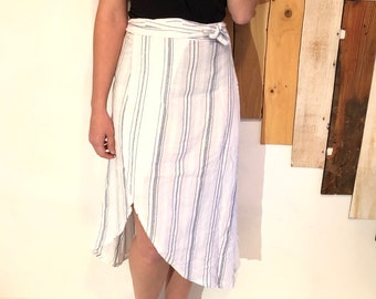 MELODY Rising-Scoop-Hemmed White Linen Mid-Calf-Length Lined Wrap Skirt with Blue Varying-Width Micro Stripes