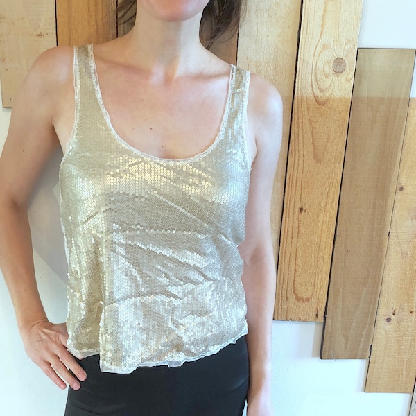 Gold Sequined Sparkle Scoop-Neck Tank with Contrast White Cotton Back, Vintage AMERICAN EAGLE