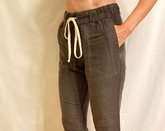 Dark Gray Flaxen Linen Comfy Pants with Elastic Waistband and Pull-Tie, No Stretch