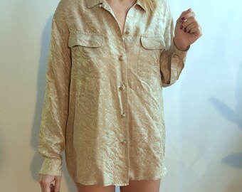 CLOVER Vintage Anna & Frank Oversized Gold Patterned Silk Bed Shirt with Cloth Buttons and Pockets