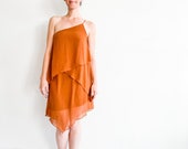Burnt Orange One-Shoulder Tiered Sheer Asymmetrical Flowy Midi Gown