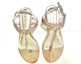 Very Shiny Metallic Silver Faux Snakeskin T-Strap Sandals, Size 7.5