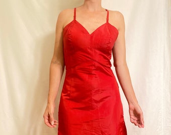 Lipstick Red Silk Holiday Shift Dress, Tea Length w/ Vintage Cut Spaghetti Straps, Fischer Label