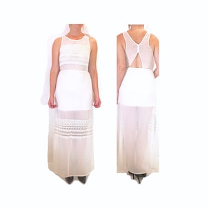 Sheer Paneled White Dress with Embroidery Detail, Peep-Hole Back and High Side Slits