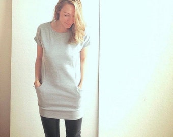 Gray Thick Cotton Fitted Knit Mini Dress Jumper with Capped Sleeves and Deep Side Pockets