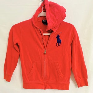 Kids’ Bright Red Zip-Up Lightweight Hoodie Sweatshirt, Vintage POLO RALPH LAUREN, Size 7