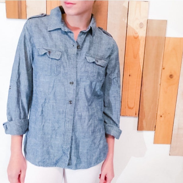 Thick Sturdy Cotton Dark Chambray Button-up Denim Collared Shirt with Shoulder Strap Accent