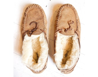 UGG Dakota Shearling Sheepskin Lined Leather Corded Light Brown Rubber Sole Tan Suede Warm Winter House Slippers, Fit Sizes 6, 6.5, Narrow 7