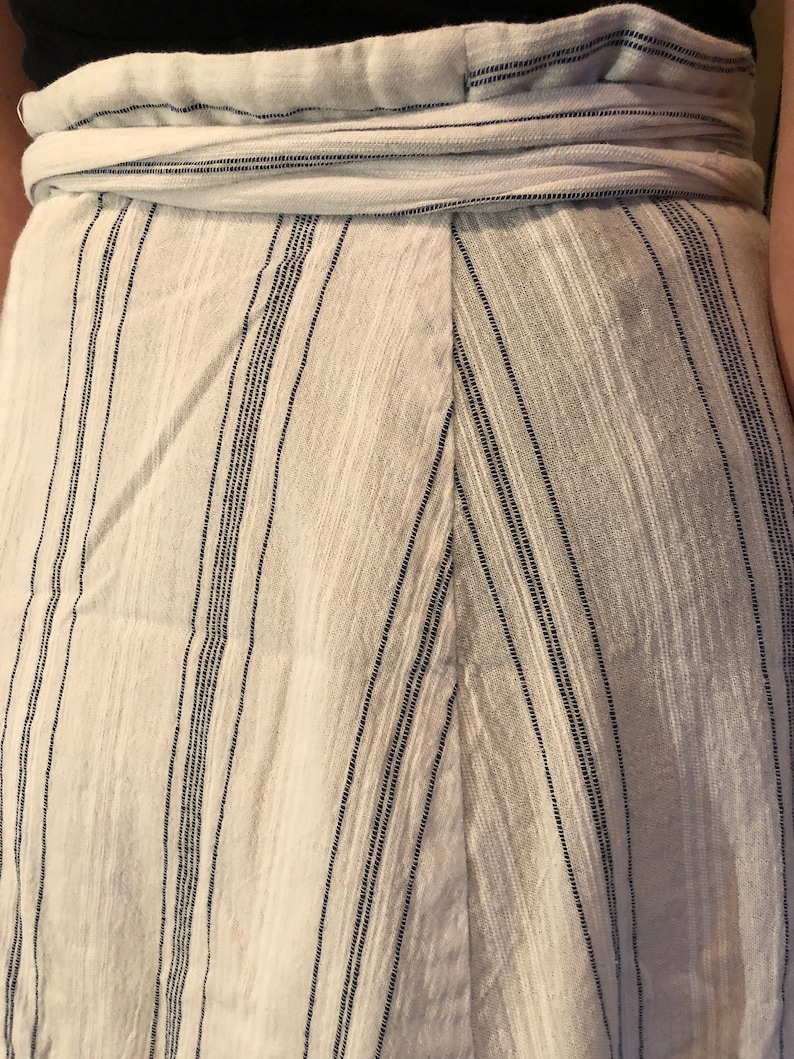 MELODY Rising-Scoop-Hemmed White Linen Mid-Calf-Length Lined Wrap Skirt with Blue Varying-Width Micro Stripes