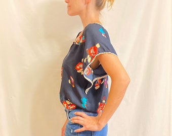 Navy Blue Floral Print Dolman Short Sleeve Lace Trimmed Blouson Blouse