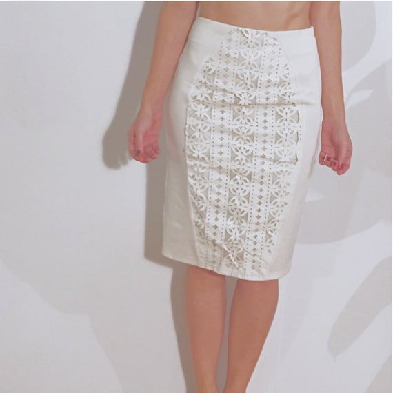 White Stretch Pencil Skirt With Pleather Cut out Detail Etsy