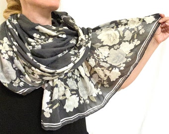 Wide Lightweight Summer-Weight Linen Scarf, Shawl or Blanket, Dark Gray with White Floral Pattern