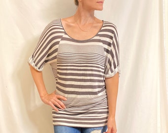 Gray and White Striped Dolman Sleeve Longline Blouson Boatneck Tunic Top