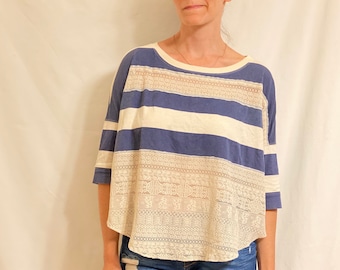Blue and Cream Contrast Laced Striped 3/4 Sleeve Cropped Bow Shirt
