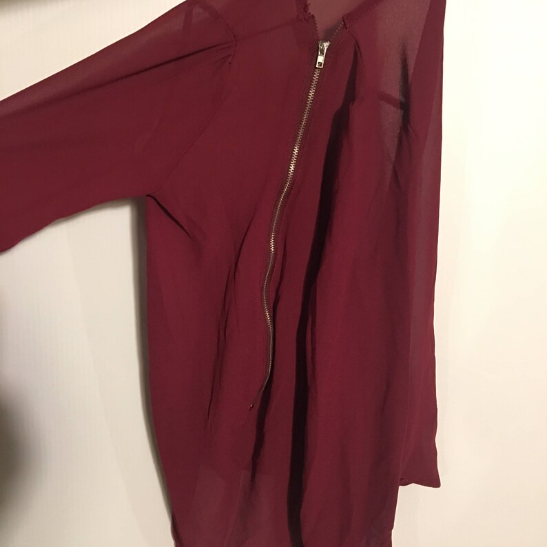BLAIRE Wine Red Sheer Blouse with Plunging Zipper-Led V-Neck
