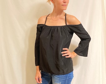 Bell Sleeve Open Back Black Synthetic Strappy Top