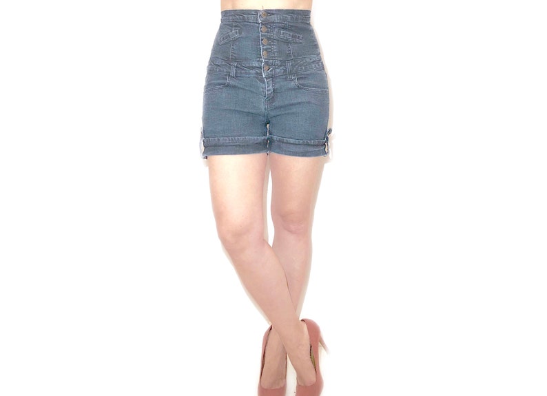 PALIMA Very High Waisted Button-up Dark Denim Jean Shorts with Cuffs and Buckle Detail