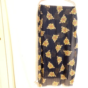 Navy Blue Extra Wide Sheer Knit Yellow Floral Print Scarf