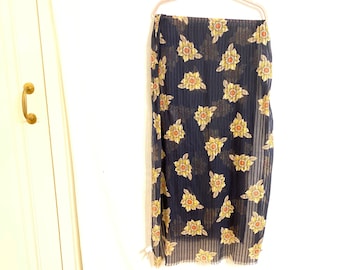 Navy Blue Extra Wide Sheer Knit Yellow Floral Print Scarf