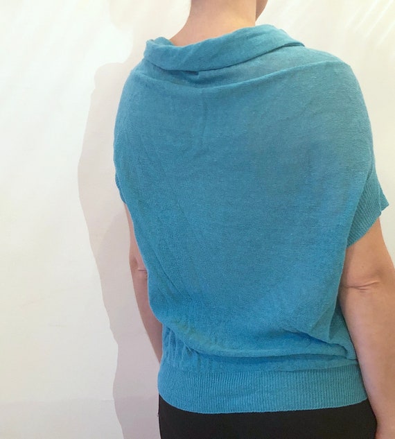 Teal Blue Blouson Cowl Neck Short Sleeved Knit Sw… - image 4