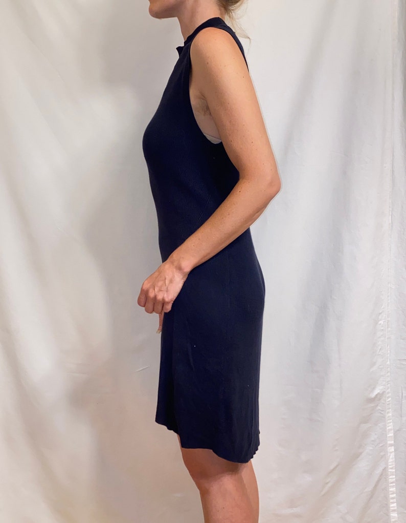 Ribbed Cotton Navy Mock Turtleneck Hi-Lo Bodycon Midi Dress