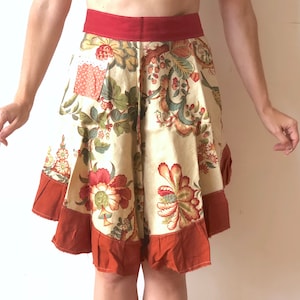 Handmade Linen Apron w/ Elaborate Floral Paisley Print, Contrast Red Hem and Lace Fabric Pocket