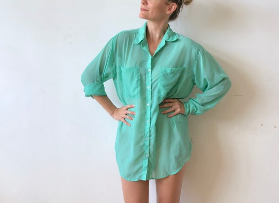 Oversized Sheer Teal Button-up Boyfriend Shirt