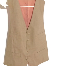 Anzug Weste, Beige/Tan/braun Micro Pinstripe mit Taschentuch Taschen, Kontrast Back Panel Seide und verstellbare Synch Krawatte