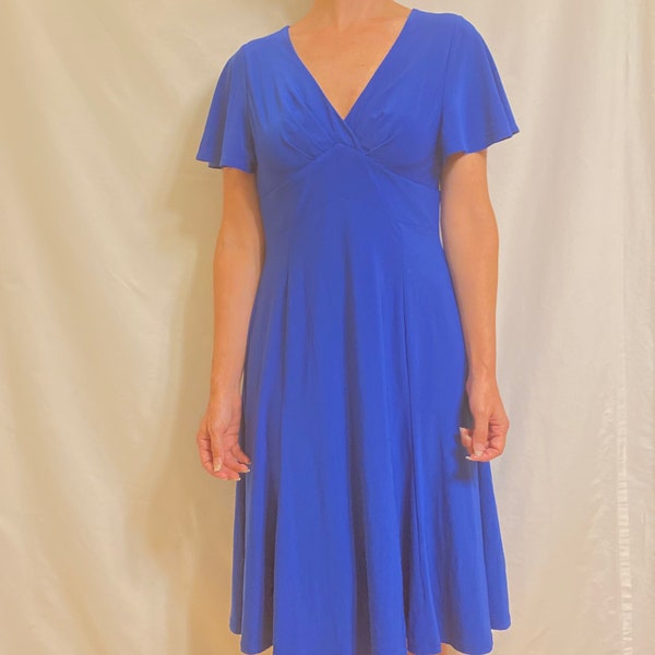 Electric Blue Midi Swing Dress w/ Tent Ruffle Sleeves and V-Neck Front, Chaps Label, Size Medium