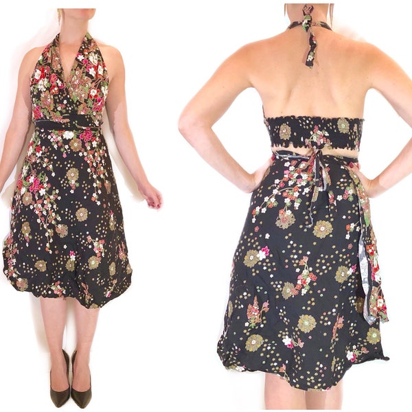 Black Floral Wrap Halter Poodle Skirt Sun Dress w/ Elegant Surplus Fabric at Plunging Neckline and Separated Elastacized Bossom Band at Back