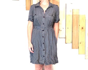 Blue & Black Micro Pinstripe Belted Short-Sleeved Chambray Shirt Dress with Contrasting Black Stitching, Pockets, and Accent Soldier Straps