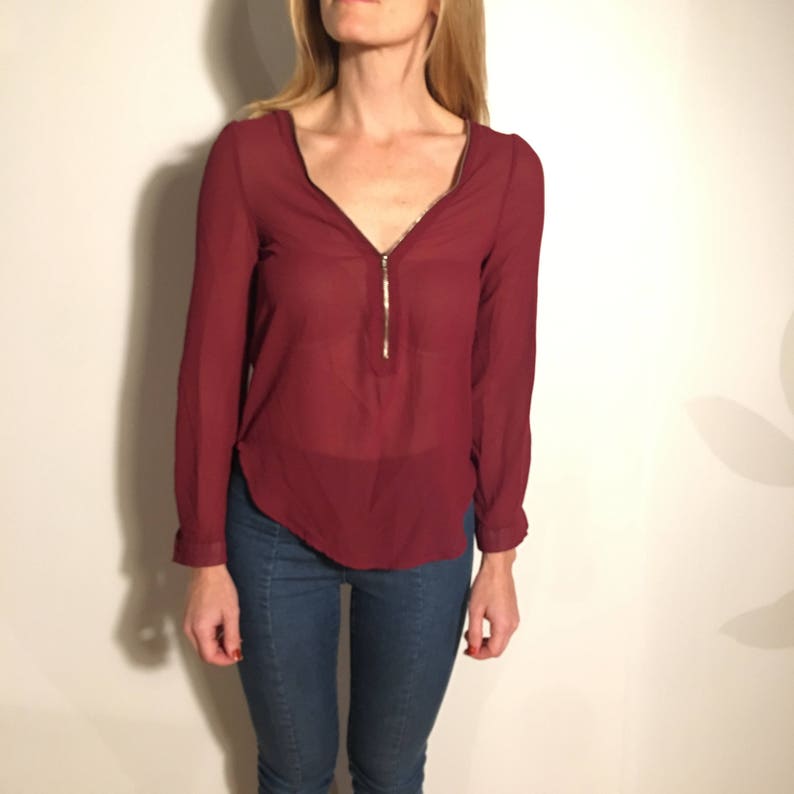 BLAIRE Wine Red Sheer Blouse with Plunging Zipper-Led V-Neck