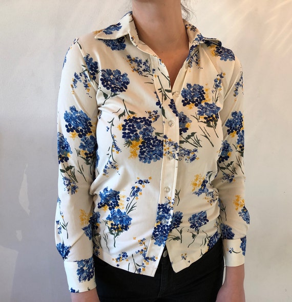 1970s Polyester Button-up Blouse White 