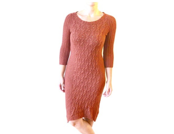 Eyelet Knit Knee-Length Hi-Lo Red-Brown Rust Bodycon Sweater Dress, Boatneck, 3/4 Sleeves