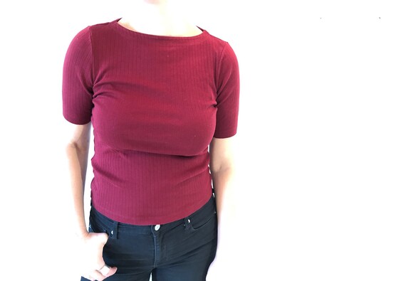 Wine Red Thick Ribbed Fitted Tee - image 2