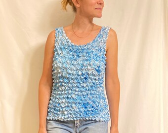 Gauze-Weight Crepe Crinkle Expandable Stretch Shirt, Blue, White Tie Dye Tank