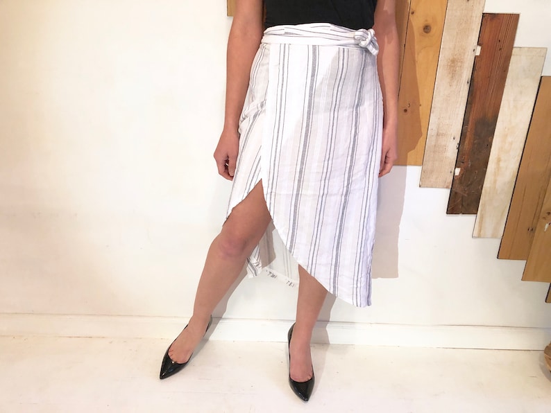 MELODY Rising-Scoop-Hemmed White Linen Mid-Calf-Length Lined Wrap Skirt with Blue Varying-Width Micro Stripes