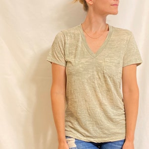 Stone Green/Gray Sheer Marled V Neck Cotton Tee W/Pocket