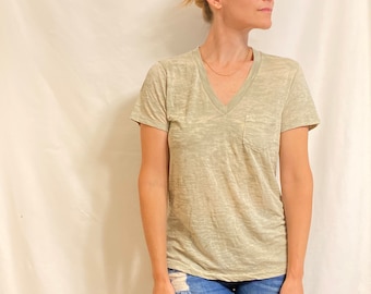 Stone Green/Gray Sheer Marled V Neck Cotton Tee W/Pocket