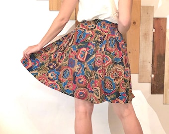 TALBOTS Colorful Abstract Print Pleated Silk Circle Skirt with Double Button Closure at Side Waistband