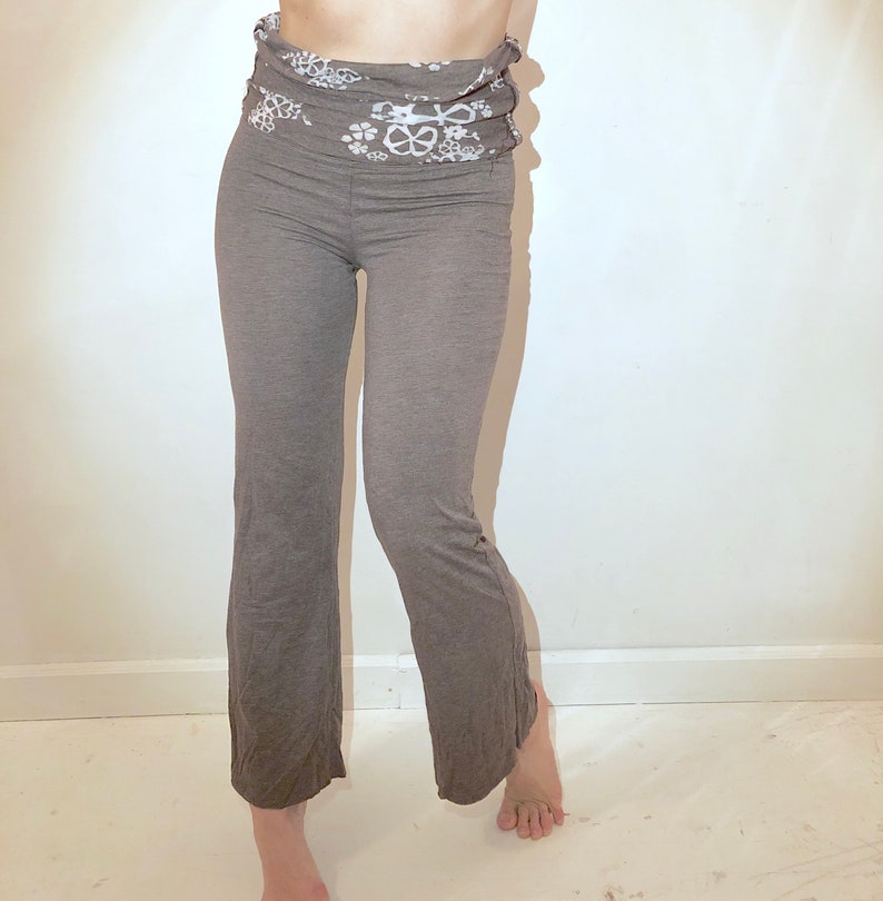 Floral Print Fold-Over Cozy Lightweight Heather Gray-Brown Yoga Dance Pants