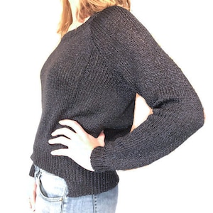 Shimmery Black Knit Scoop-Neck Pullover Sweater with Slight Hi-Lo at Lower Seam Slit