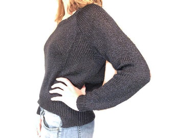 Shimmery Black Knit Scoop-Neck Pullover Sweater with Slight Hi-Lo at Lower Seam Slit