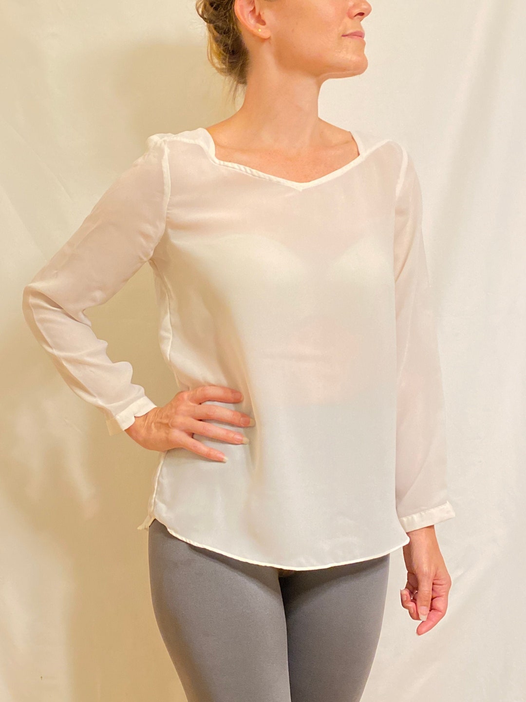 Semisheer White Scoop Neck Blouse W/ Overlay Fabric Detail Etsy